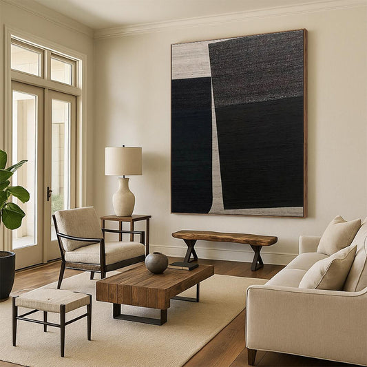 Huge Size Black and Beige Geometric Abstract Art, Large Painting In Living Room HS549