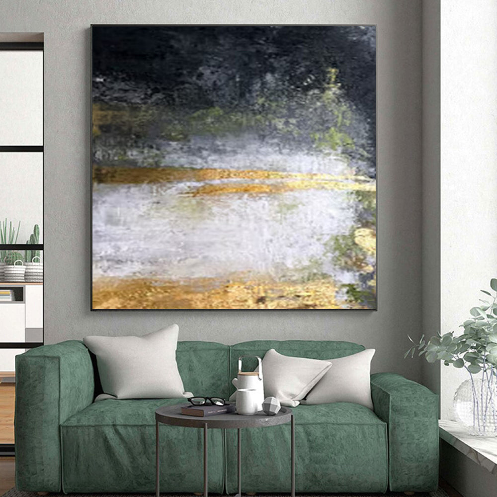 Unique Abstract Art Black, Gold, and Green Textured Abstract Art HS653