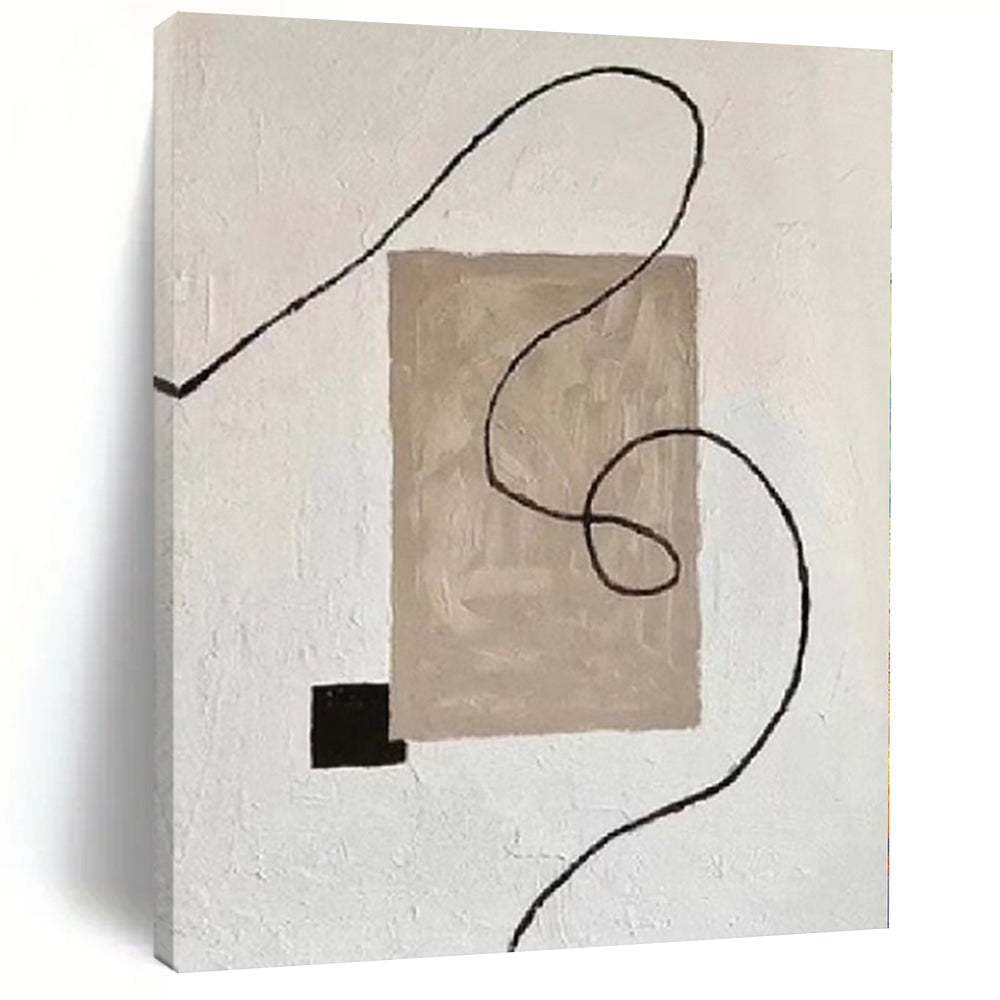 Hand-Painted Beige, Black, and White Abstract Line and Shape Painting For Sale HS064