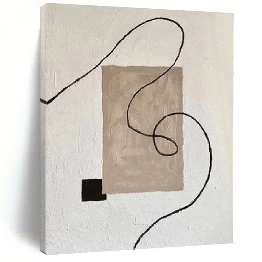 Hand-Painted Beige, Black, and White Abstract Line and Shape Painting For Sale HS064