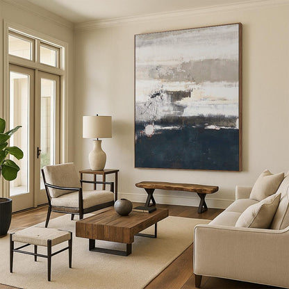 Large Contemporary Wall Art Gray, White, and Navy Textured Abstract Landscape HS633