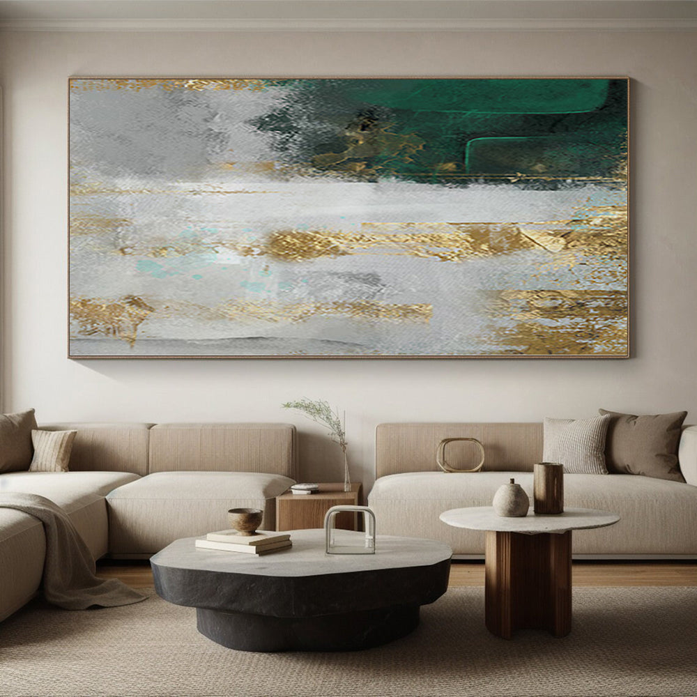 Large Size Green, Gold, and Gray Abstract Textured Painting For Sale HS085