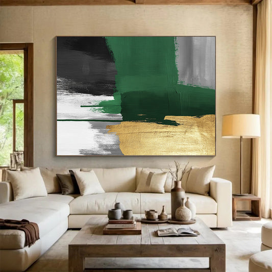 Handmade Art Green, Gold, and Gray Abstract Expressionist Art HS197
