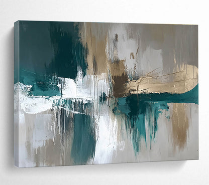 Extra Large Size Teal, Gold, Beige, and White Abstract Textured Art - Acrylic Painting WB299