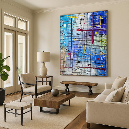 Unique Abstract Paintings Blue and Multicolor Line Abstract Painting For Sale HS099