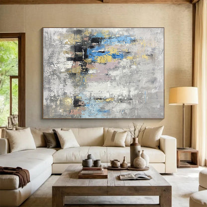 Hand Painted Art Gray, Blue & Gold Textured Abstract, Large Painting In Living Room HS244