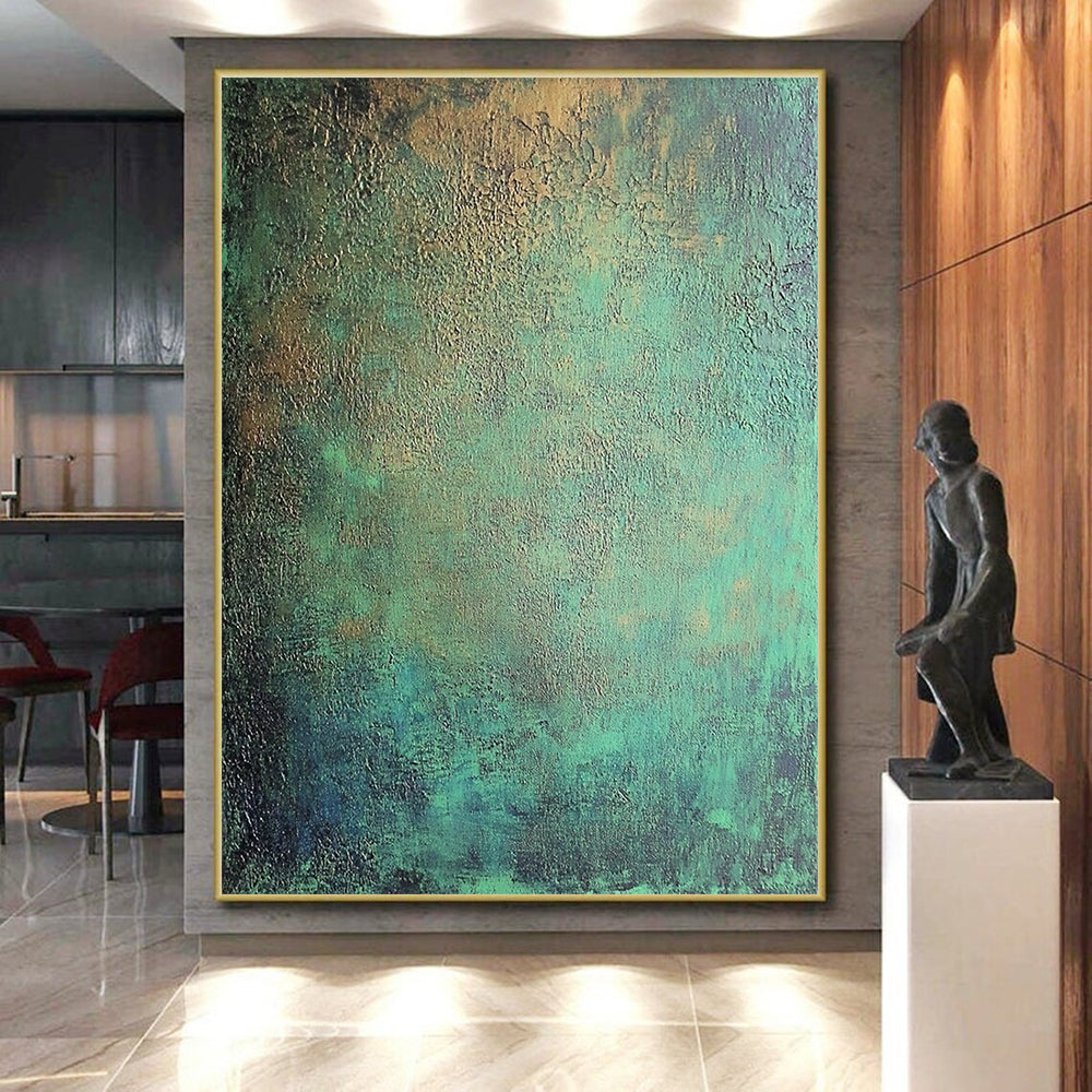 Large Size Teal and Gold Textured Patina Abstract Art HS179