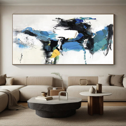 Hand Painted Art Blue, Black, and Yellow Dynamic Abstract Painting On Canvas HS791