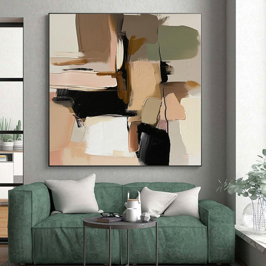 Hand-Painted Multicolor Beige Abstract Geometric Shape Painting For Sale HS055