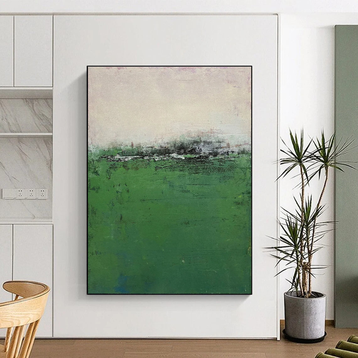 Hand-Painted Minimalist Canvas Art with Green, Gray, Beige Textured Fields - Acrylic Modern Art Painting HS539