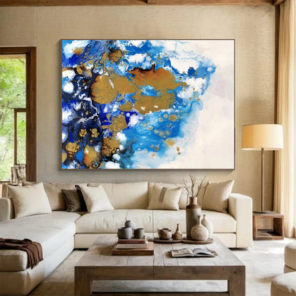 Huge Size Blue Gold and White Abstract Fluid Art Painting WB058