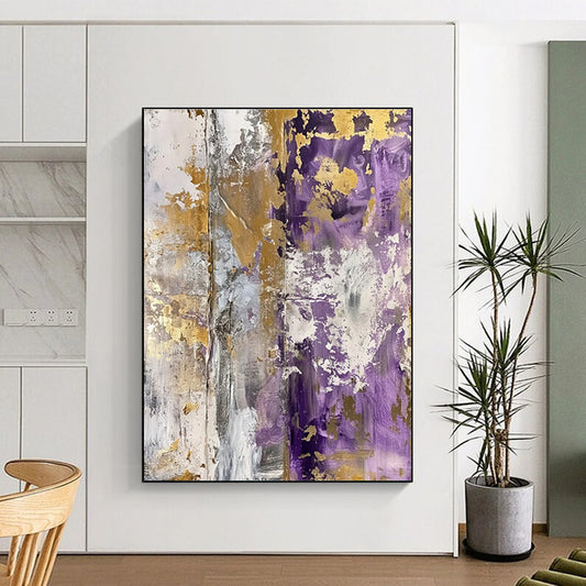 Unique Abstract Art Purple, Gold & Gray Textured Abstract, Acrylic Modern Art Painting HS234