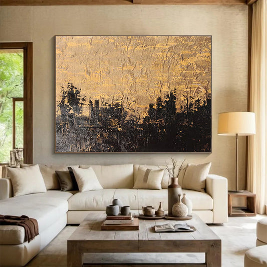 Gold, Black Abstract Textured Cityscape Acrylic Painting WB017