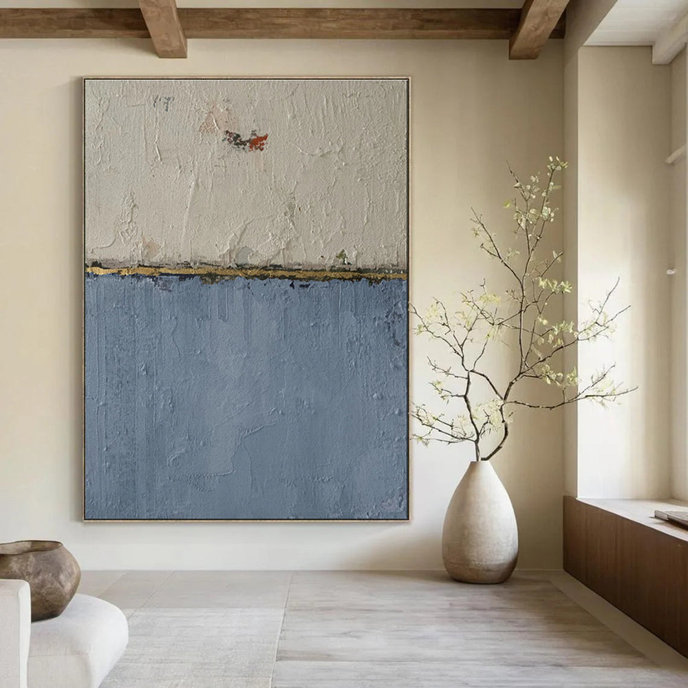 White, Blue, and Gold Textured Abstract Painting For Sale WS509