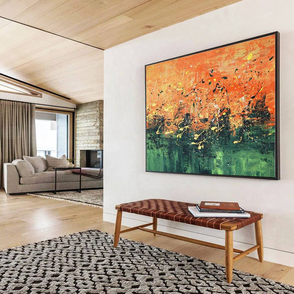 Oversized Canvas Art Orange and Green Abstract Splatter Painting WB053