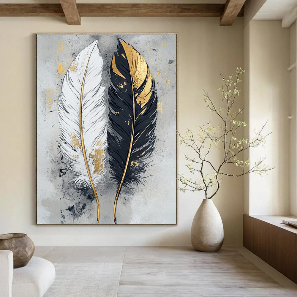 Black, White, and Gold Abstract Feather Painting For Sale WS499