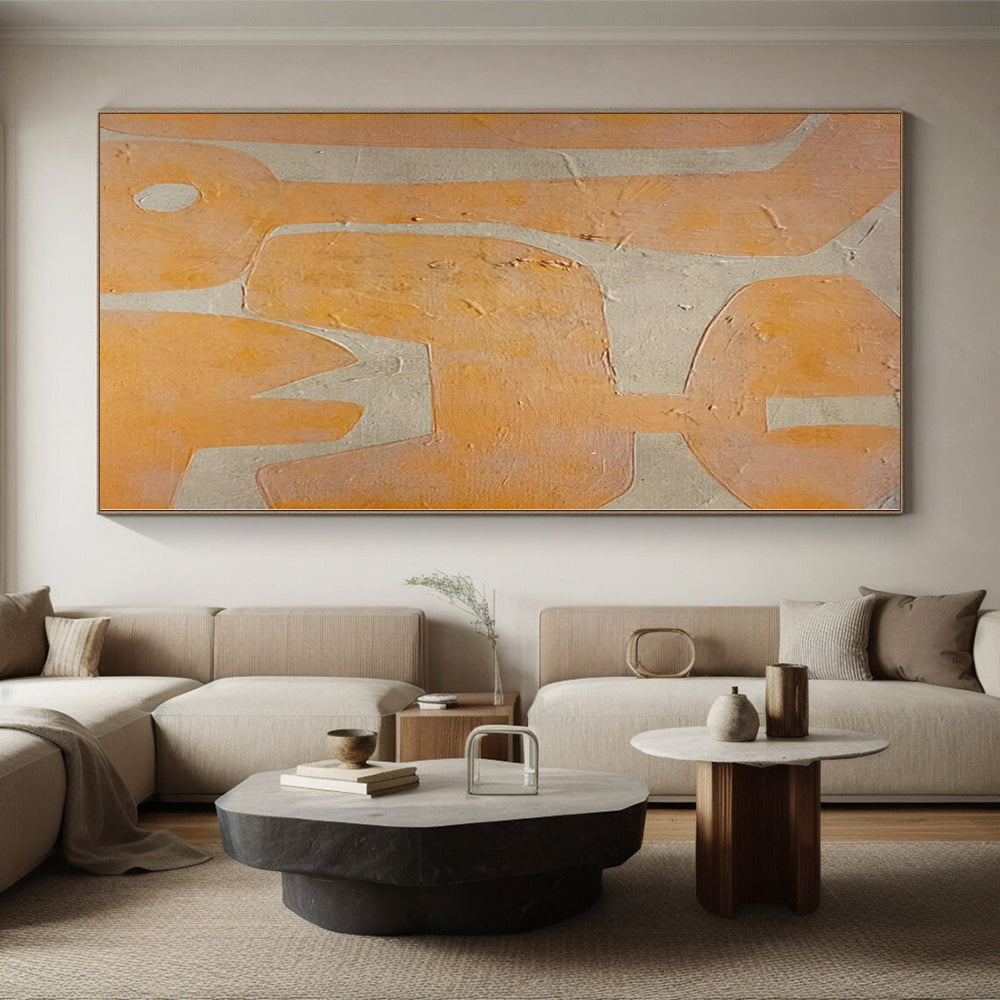 Hand-Painted Orange and Beige Abstract Shaped Painting For Sale HS021