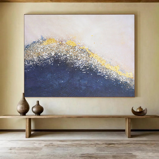 Oversized Canvas Art in Blue and Gold Textured Abstract Style WB234