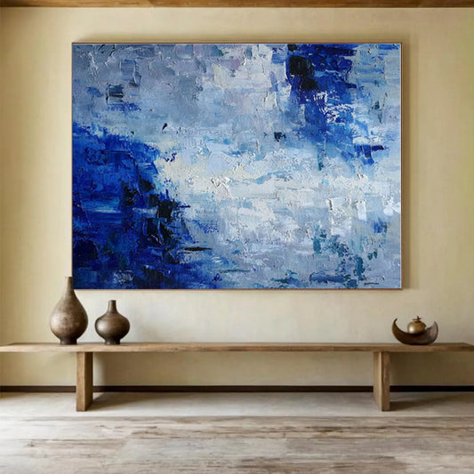 Oversized Canvas Art Blue and Gray Abstract Textured Painting WB152