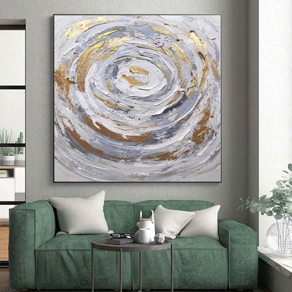 Hand-Painted Gray, White, and Gold Abstract Swirl Painting For Sale HS058