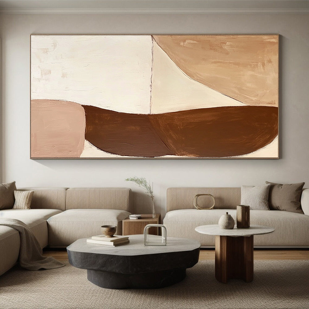 Hand-Painted Beige and Brown Abstract Shape Painting For Sale HS129