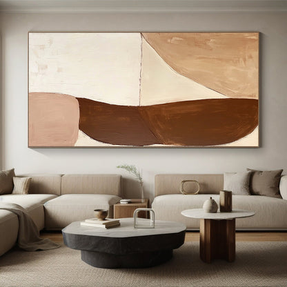 Hand-Painted Beige and Brown Abstract Shape Painting For Sale HS129
