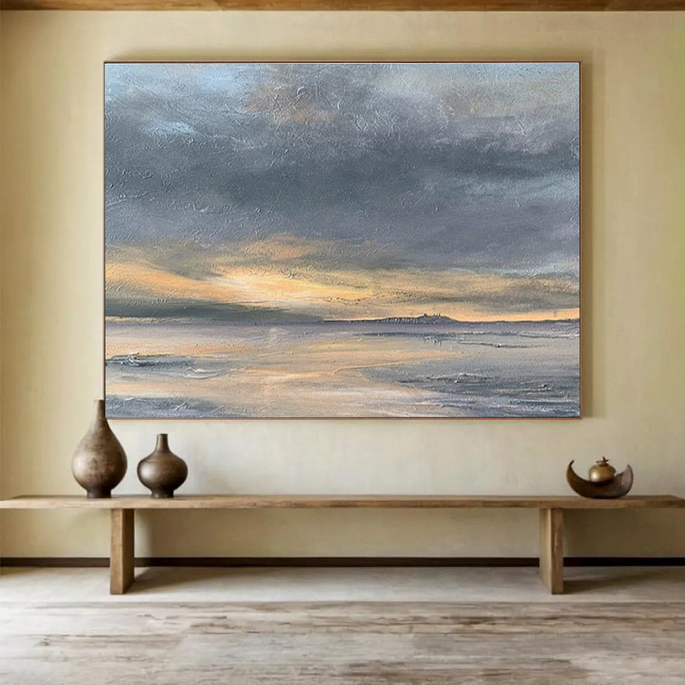Horizontal Gray, Orange, and Multicolor Abstract Coastal Sunset, Abstract Oil Painting WB181