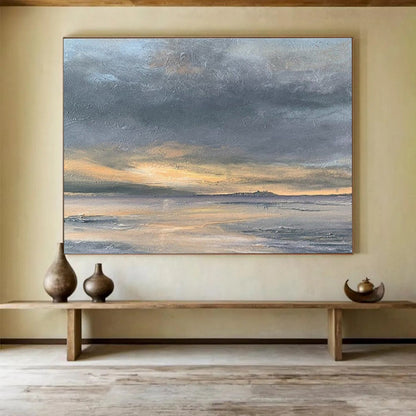 Horizontal Gray, Orange, and Multicolor Abstract Coastal Sunset, Abstract Oil Painting WB181