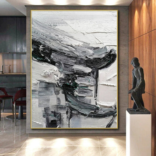 Hand-Painted Black, White, and Gray Abstract Textured Urban Painting For Sale HS059