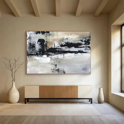 Hand Painted Art: Black White and Beige Textured Abstract Painting WB356