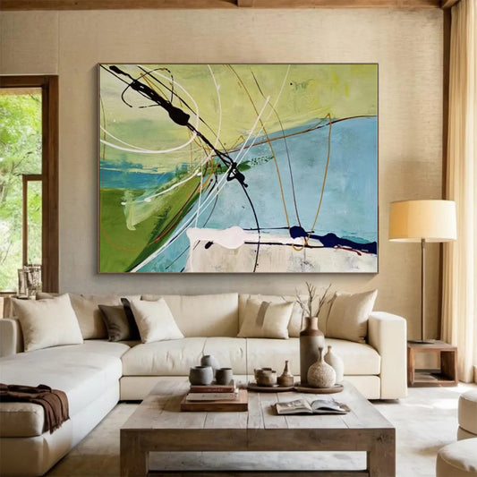 Handmade Art Green, Blue, and Black Dynamic Abstract Painting On Canvas HS797