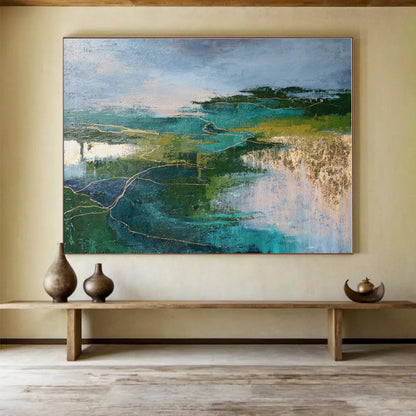 Green, Teal, Gold Abstract Landscape Painting – Textured Acrylic Art WB043