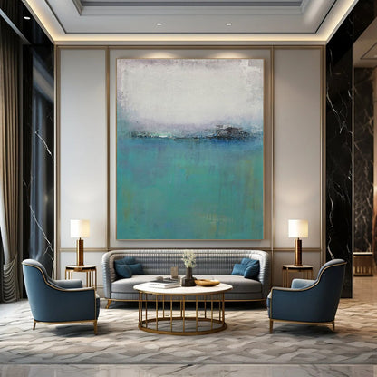 Turquoise, Gray, and White Misty Abstract Seaside Painting For Sale Online WS476