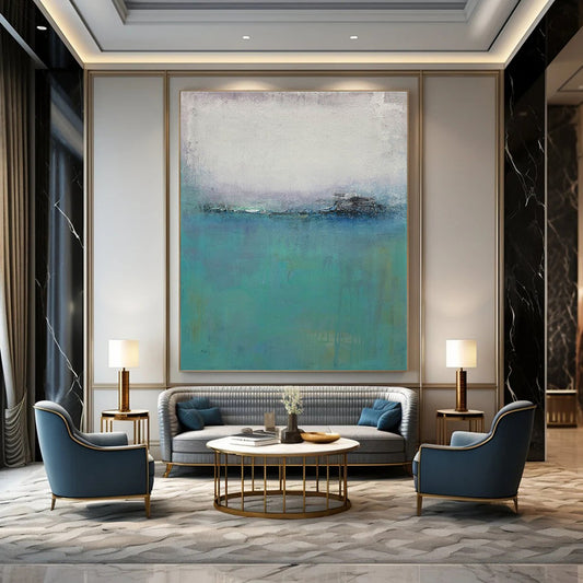 Turquoise, Gray, and White Misty Abstract Seaside Painting For Sale Online WS476