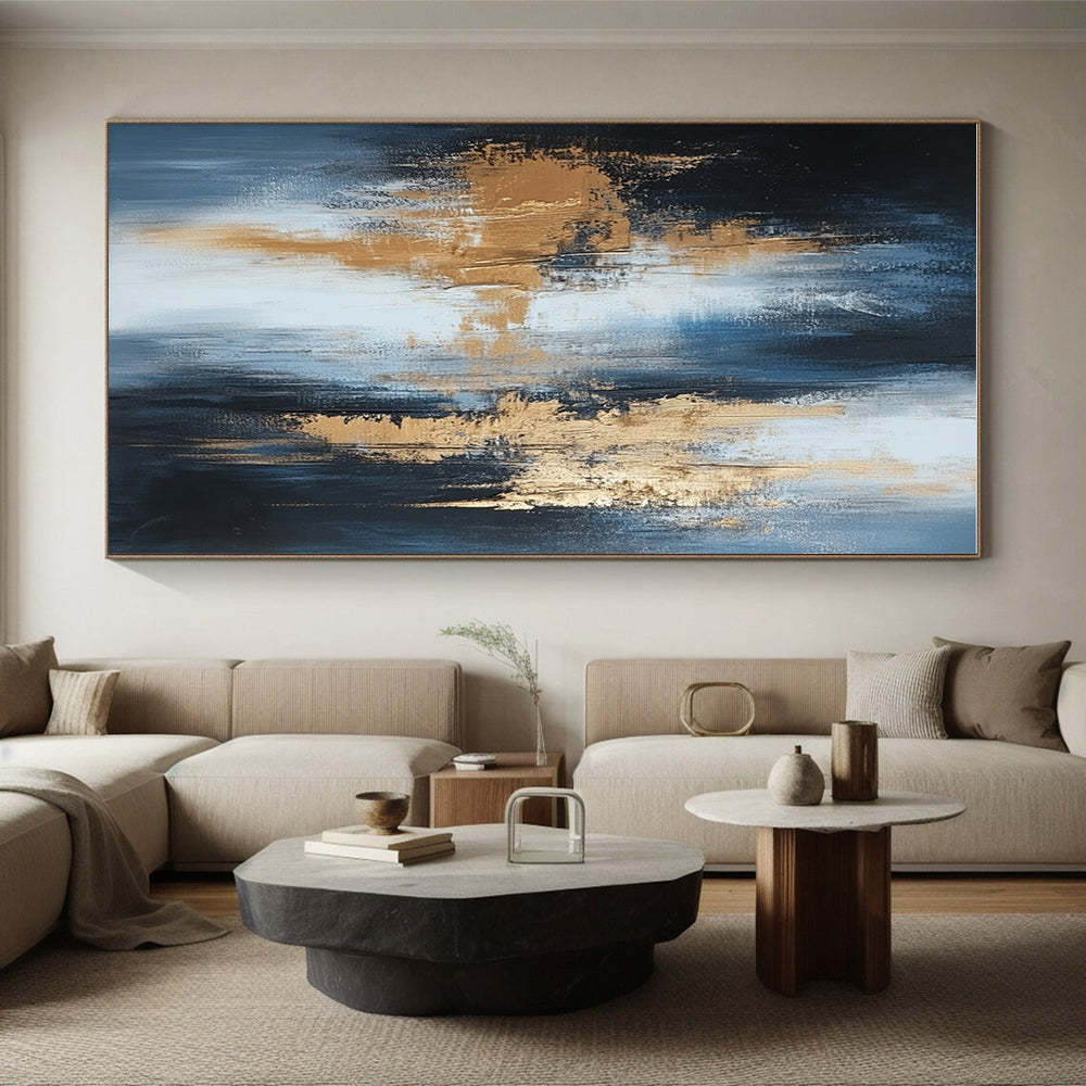 Large Size Blue, Black, and Gold Abstract Textured Painting For Sale HS115
