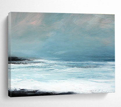 Horizontal Light Blue, White, and Black Abstract Coastal Waves, Abstract Oil Painting WB187