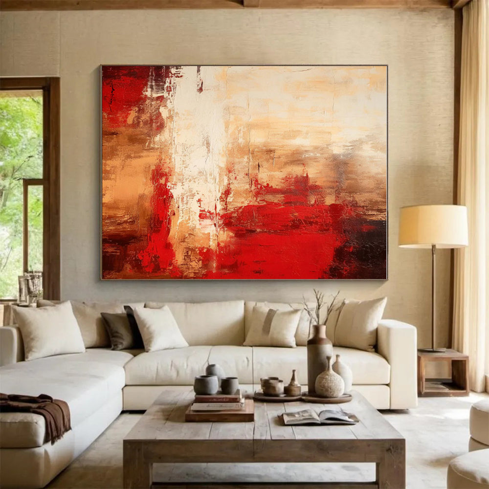 Gaint Canvas Art Red & Beige Textured Abstract, Oversized Abstract Wall Art HS460