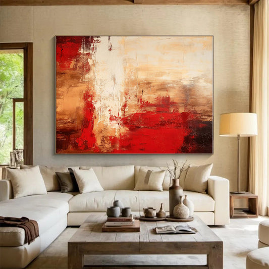Gaint Canvas Art Red & Beige Textured Abstract, Oversized Abstract Wall Art HS460