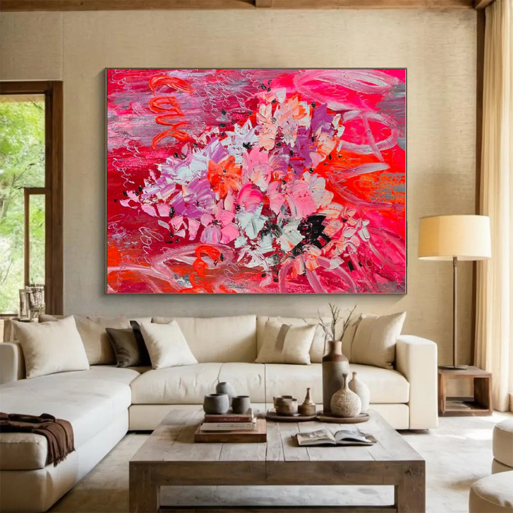 Unique Abstract Art Red, Pink, and Gray Floral Abstract Art with “Love” Accents HS719