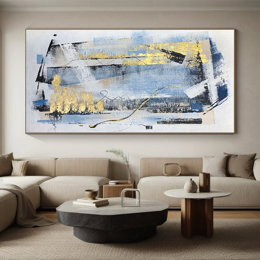 Modern Art Acrylic Blue, Gray & Gold Abstract Geometric Art HS399