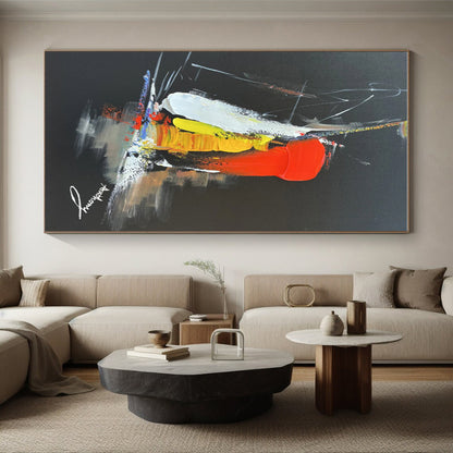Hand-Painted Art with Red, Yellow, White and Black Colors, Dynamic Abstract Theme on Black Background HS478