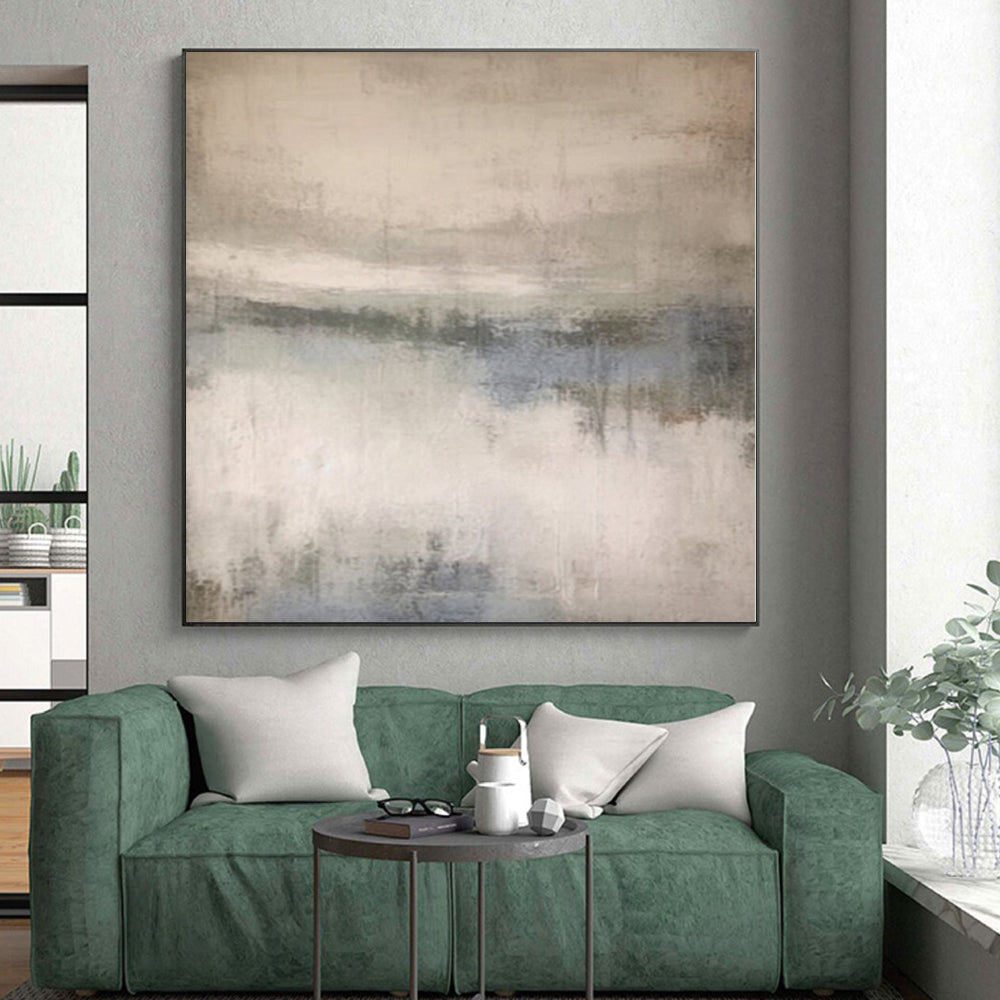 Large Painting In Living Room Gray and Blue Abstract Misty Landscape Painting For Sale HS107