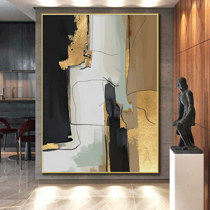 Hand Painting Black, Gold, and Beige Abstract Textured Painting For Sale HS088