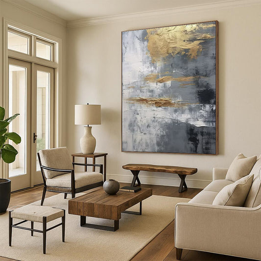 Hand Painted Art Gold, Gray, and White Textured Abstract Art HS735