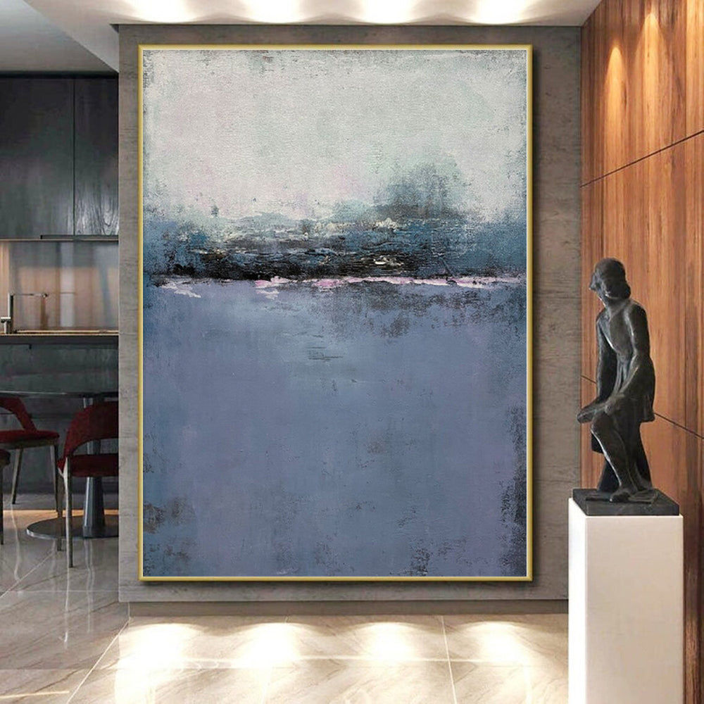 Hand-Painted Blue and Gray Abstract Misty Landscape Painting For Sale HS051