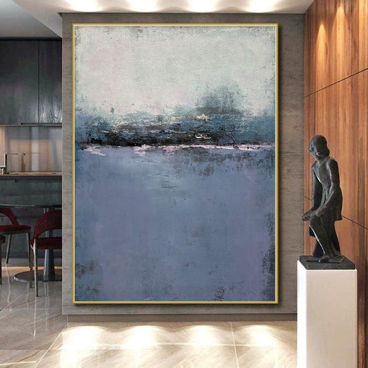 Hand-Painted Blue and Gray Abstract Misty Landscape Painting For Sale HS051