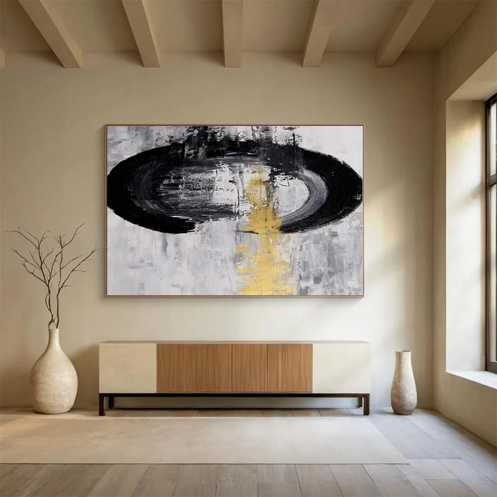 Black, White, Gold Abstract Circular Acrylic Painting WB013