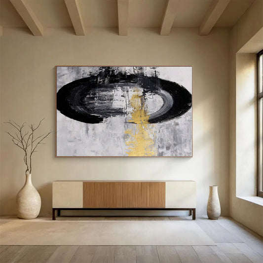 Black, White, Gold Abstract Circular Acrylic Painting WB013