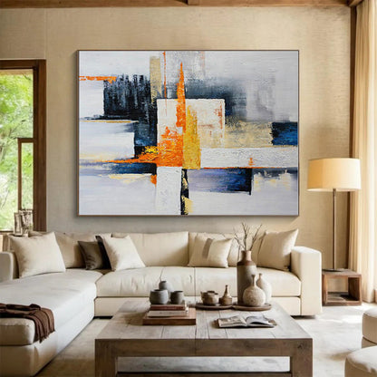Large Size Orange, Yellow, Blue and White Abstract Geometric Painting WB065