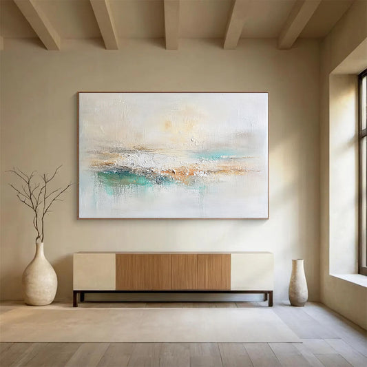 Big Size Beige, Teal, and Brown Abstract Calm Landscape - Acrylic Painting WB280